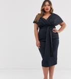 Asos Design Curve Fallen Shoulder Wrap Midi Dress With Tie Detail - Black