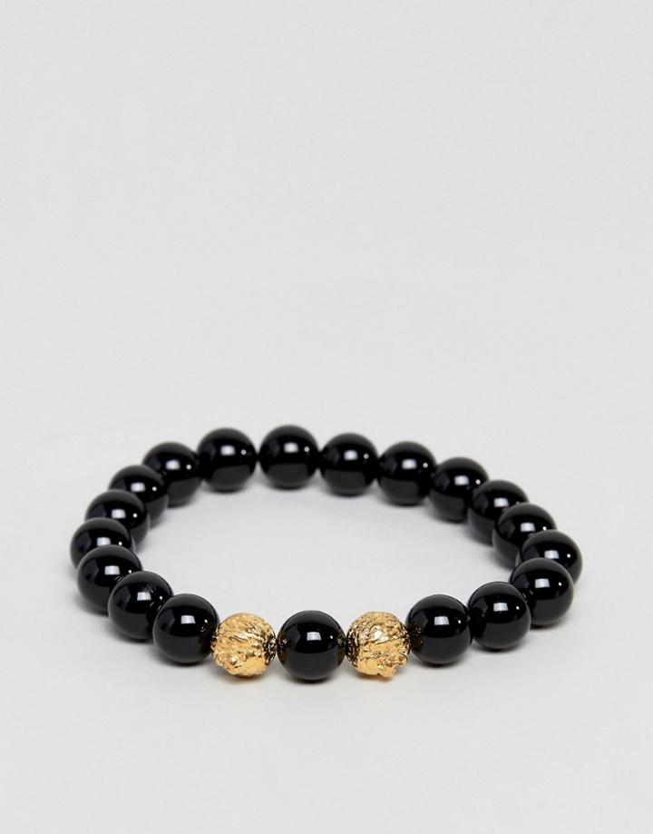 Mister Twin Lion Beaded Bracelet In Black & Gold - Black