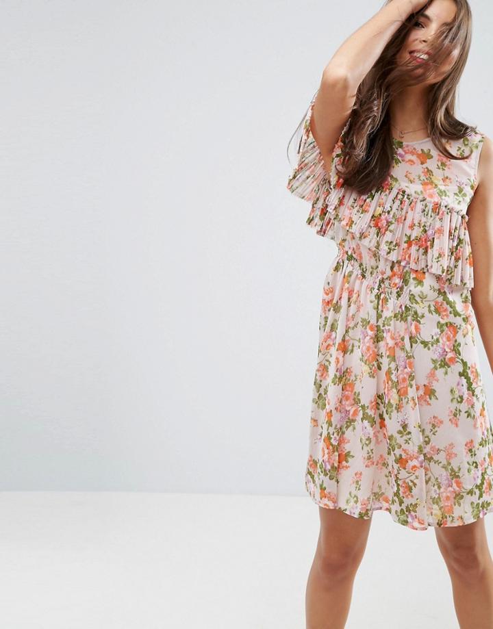 Asos Sleeveless Pleat Ruffle Tea Dress In Pretty Floral Print - Multi