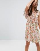 Asos Sleeveless Pleat Ruffle Tea Dress In Pretty Floral Print - Multi