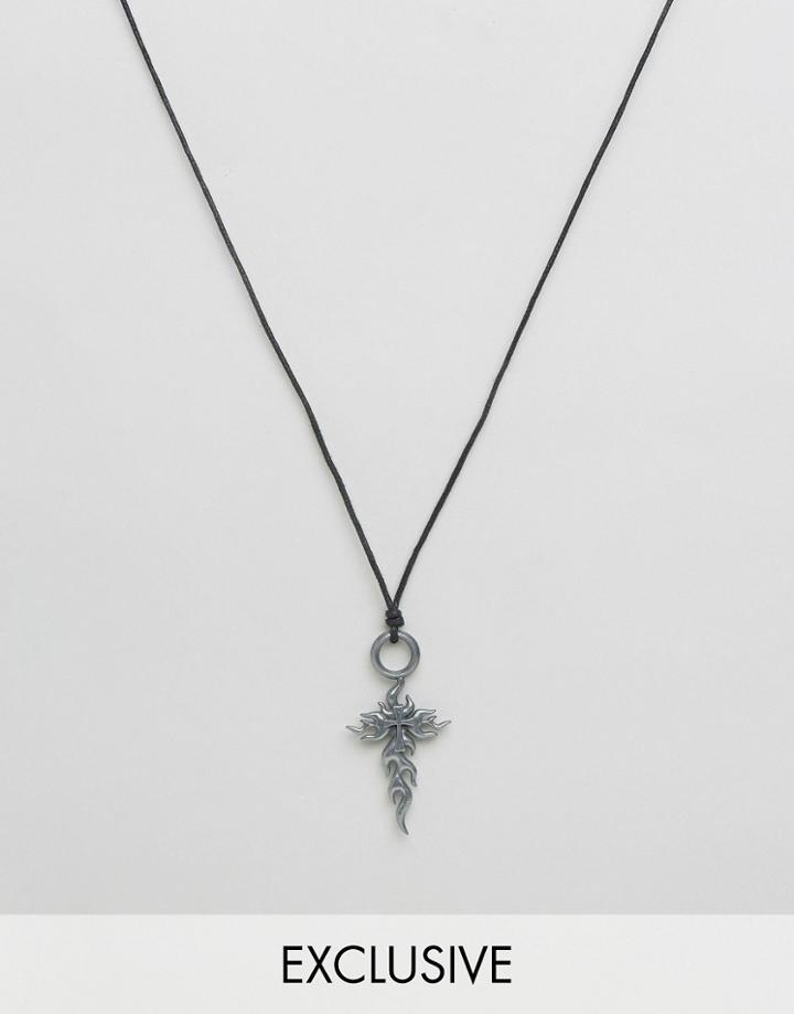 Reclaimed Vintage Inspired X Romeo & Juliet Cord Necklace With Fire Cross Pendant - Silver