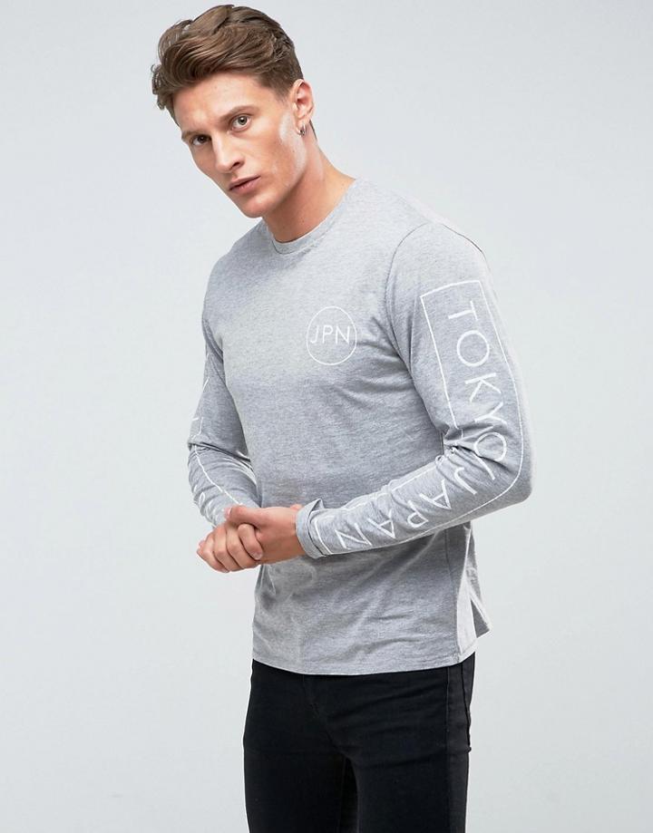 Threadbare Sleeve Print Long Sleeve Top - Gray