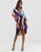 Asos Design Satin Kimono Midi Dress With Knot Front And Asymmetric Sleeve In Abstract Print-multi