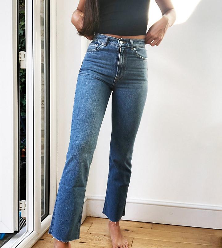 Asos Design Tall High Rise Stretch 'effortless' Crop Kick Flare Jeans In Midwash-blues