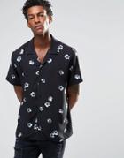 Asos Floral Shirt With Revere Collar And Short Sleeves In Regular Fit - Black