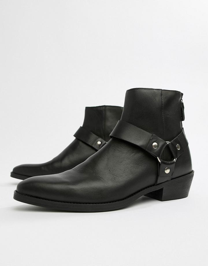 Asos Design Stacked Heel Chelsea Boots In Black Leather With Buckle Detail - Black