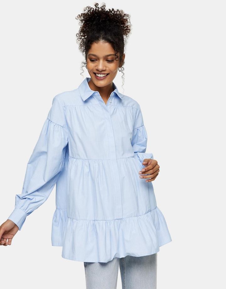 Topshop Poplin Shirt With Tiered Hem In Blue Stripe-blues