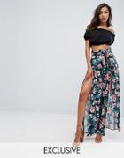Missguided Tropical Print Thigh Split Flared Pants - Black
