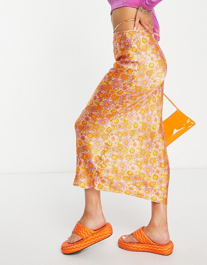 Topshop Satin Tie Waist 70s Floral Midi Skirt In Orange - Part Of A Set