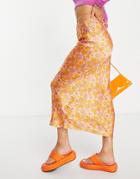 Topshop Satin Tie Waist 70s Floral Midi Skirt In Orange - Part Of A Set