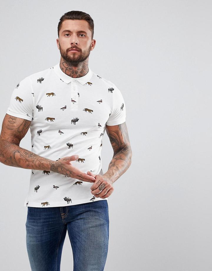 Bershka Polo With Animal Print In Ecru - Cream