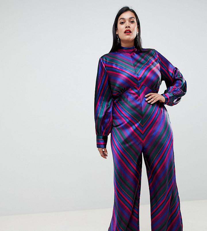 Asos Design Curve Jumpsuit With Blouson Sleeve In Stripe - Multi