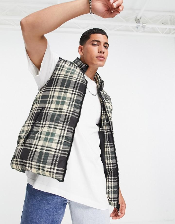 Asos Design Puffer Vest In Green Check-neutral