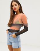 Daisy Street Long Sleeved Mesh Top In Landscape Graphics - Multi