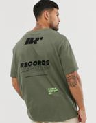 Bershka Oversized T-shirt In Khaki With Record Print-green