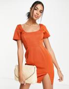 Asos Design Structured Mini Dress With Scoop Neck And Cap Sleeve-orange