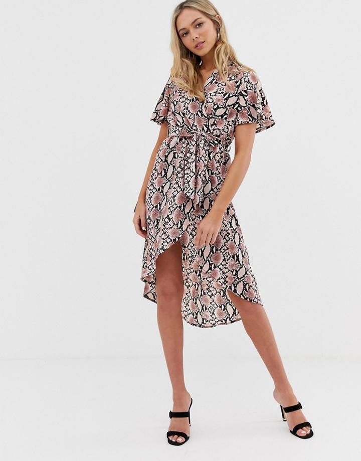 Qed London Angel Sleeve Wrap Dress In Rose Snake Print - Pink