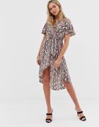Qed London Angel Sleeve Wrap Dress In Rose Snake Print - Pink