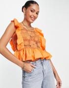 River Island Ruffle Crochet Detail Crop Top In Orange