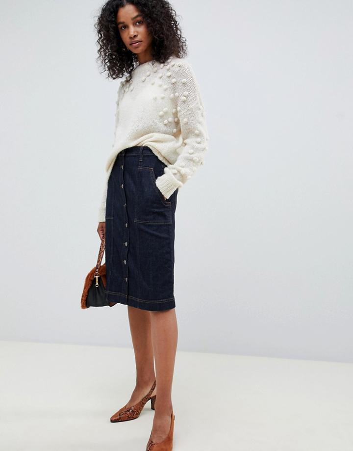 Selected Femme High Waisted Denim Button Through Midi Skirt-blue