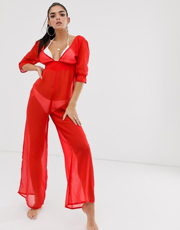 Asos Design Chiffon Plunge Beach Jumpsuit In Red