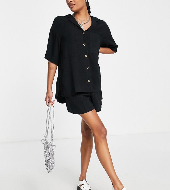 Topshop Petite Linen Longline Runner Short In Black - Part Of A Set-neutral