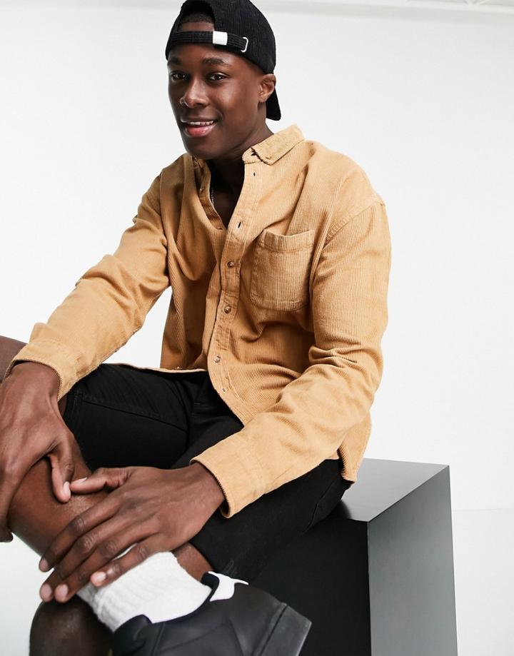 Asos Design Oversized 90s Style Cord Shirt In Beige-neutral