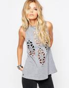 Rock & Religion Split Back Laser Cut Top - Gray Marl
