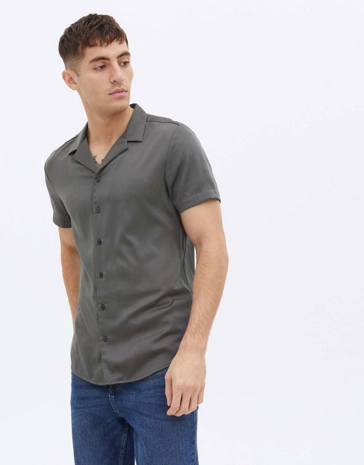 New Look Short Sleeve Satin Shirt With Revere Collar In Gray