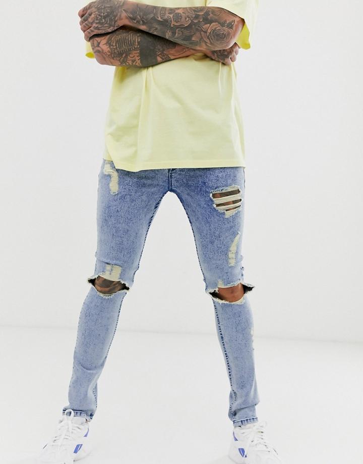 Asos Design Super Skinny Jeans In Acid Wash Blue With Open Rips - Blue