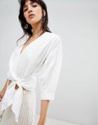 Warehouse Blouse With Wrap Front In Broderie - White