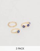 Asos Design Pack Of 3 Rings With Eye Charm Detail In Gold Tone - Gold