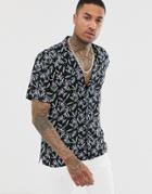 Asos Design Regular Fit Shirt In Floral Print With Deep Revere Collar-black