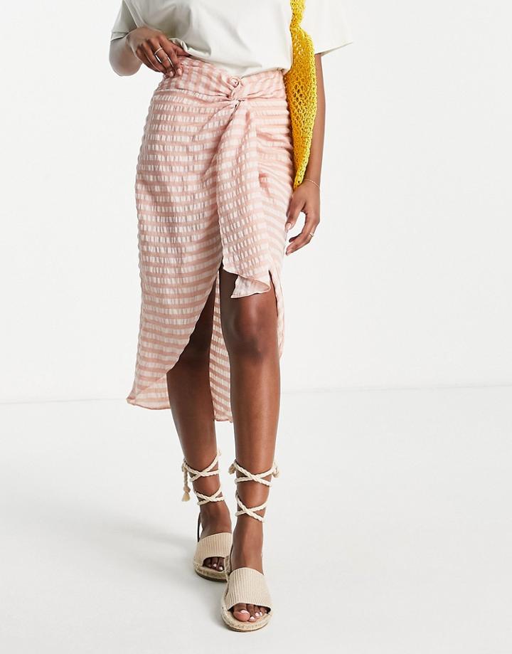 Asos Design Textured Twist Front Midi Skirt In Natural Stripe-multi