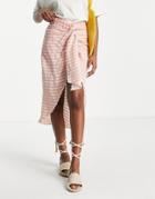 Asos Design Textured Twist Front Midi Skirt In Natural Stripe-multi