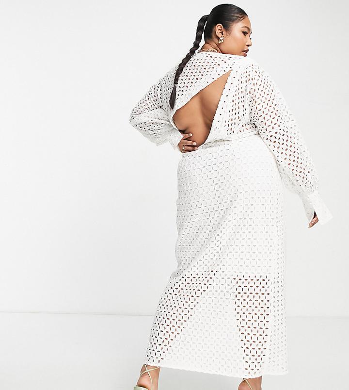Asos Edition Curve Wrap Front Eyelet Midi Dress With Blouson Sleeve In White