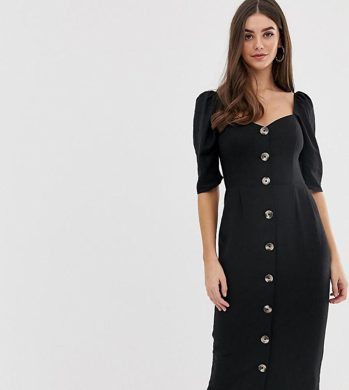 Asos Design Tall Linen Button Through Midi Dress With Sweetheart Neckline-black