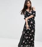 Asos Petite Wrap Front Maxi Dress With Cold Shoulder In Mixed Print - Multi