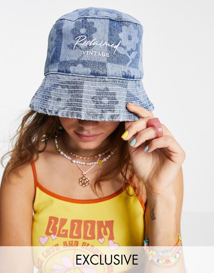 Reclaimed Vintage Inspired Denim Bucket Hat In Checkerboard Floral - Part Of A Set-blues