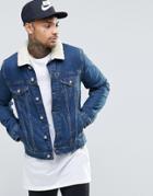 Asos Denim Jacket With Borg Collar In Mid Wash - Blue