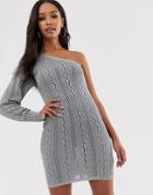 Asos Design Metallic Crochet One Shoulder Mini Dress-silver