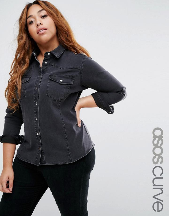 Asos Curve Denim Fitted Western Shirt In Washed Black - Black