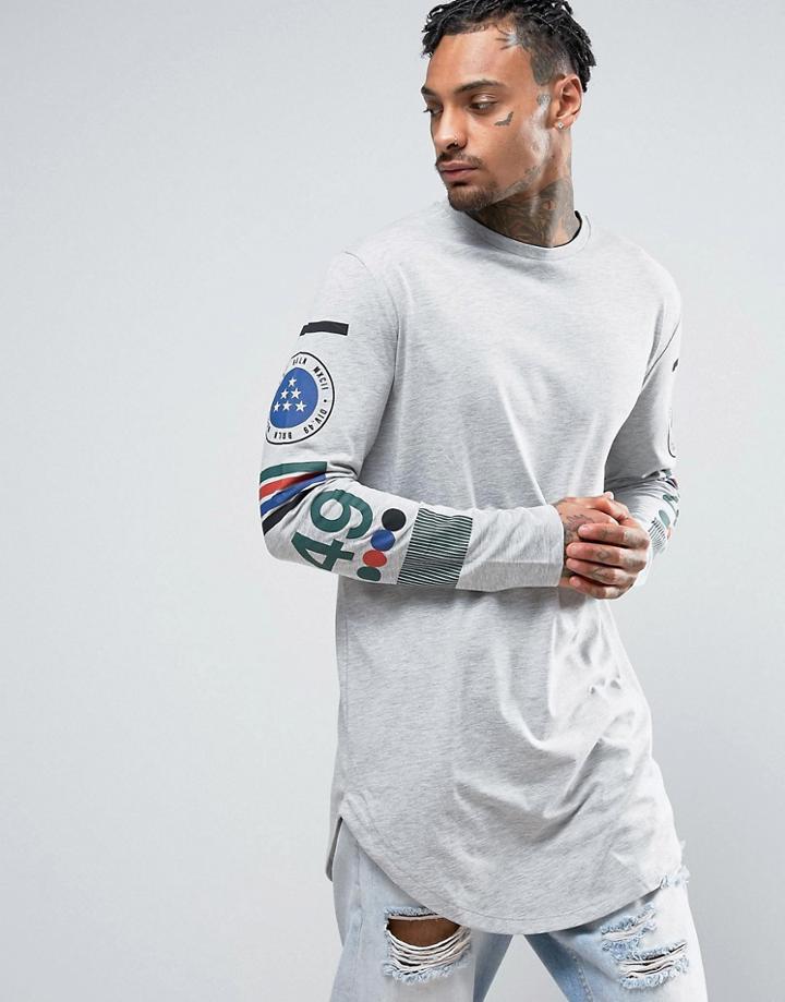 Yourturn Longline Long Sleeve T-shirt With Sleeve Print - Gray