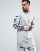 Yourturn Longline Long Sleeve T-shirt With Sleeve Print - Gray