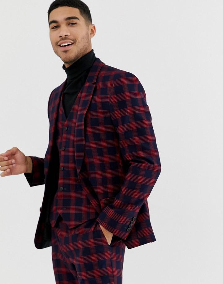 Asos Design Skinny Suit Jacket In Check Waffle Texture-navy
