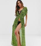 Wolf & Whistle Fuller Bust Exclusive Chiffon Beach Dress In Lime Snake - Green