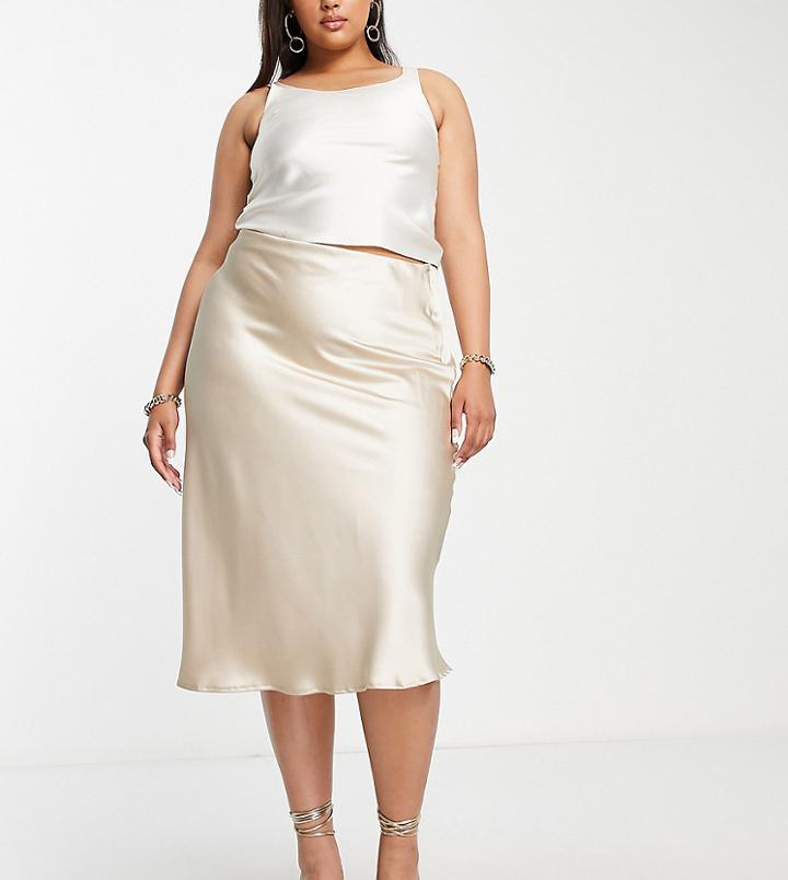 Flounce London Plus Bias Cut Midi Skirt In Mink Satin - Part Of A Set-neutral