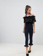 Lasula Double Frill Waistband Frill Bottom Pants - Navy