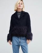 Lost Ink Structured Coat With Faux Fur Trims - Navy