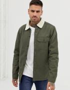 Pull & Bear Fleece Lined Overshirt In Khaki - Black